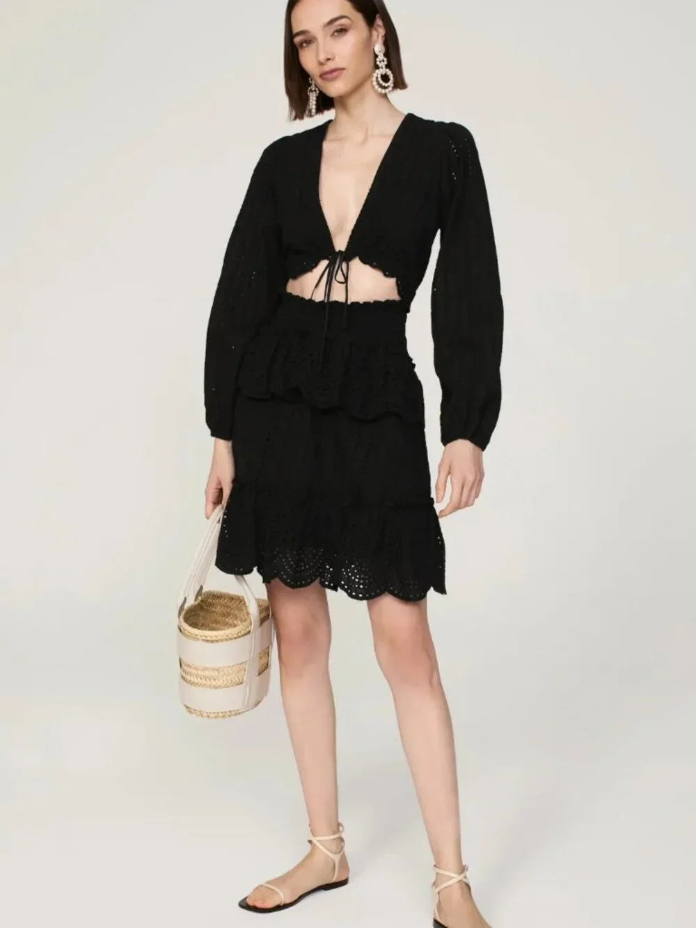 AREA STARS Lela Mini Dress Black Eyelet w/ Cutouts Deep V Tie Front Tiered MED